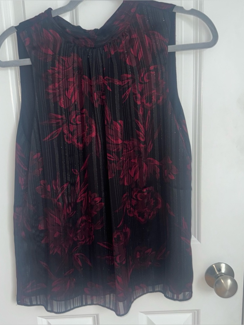 Sleeveless Black Top with Burgundy Floral Print-WHBM. Size small.
